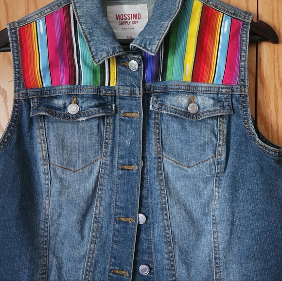 One of a kind Upcycled Jean vest with southwest pattern and fringe - Picture 3 of 3